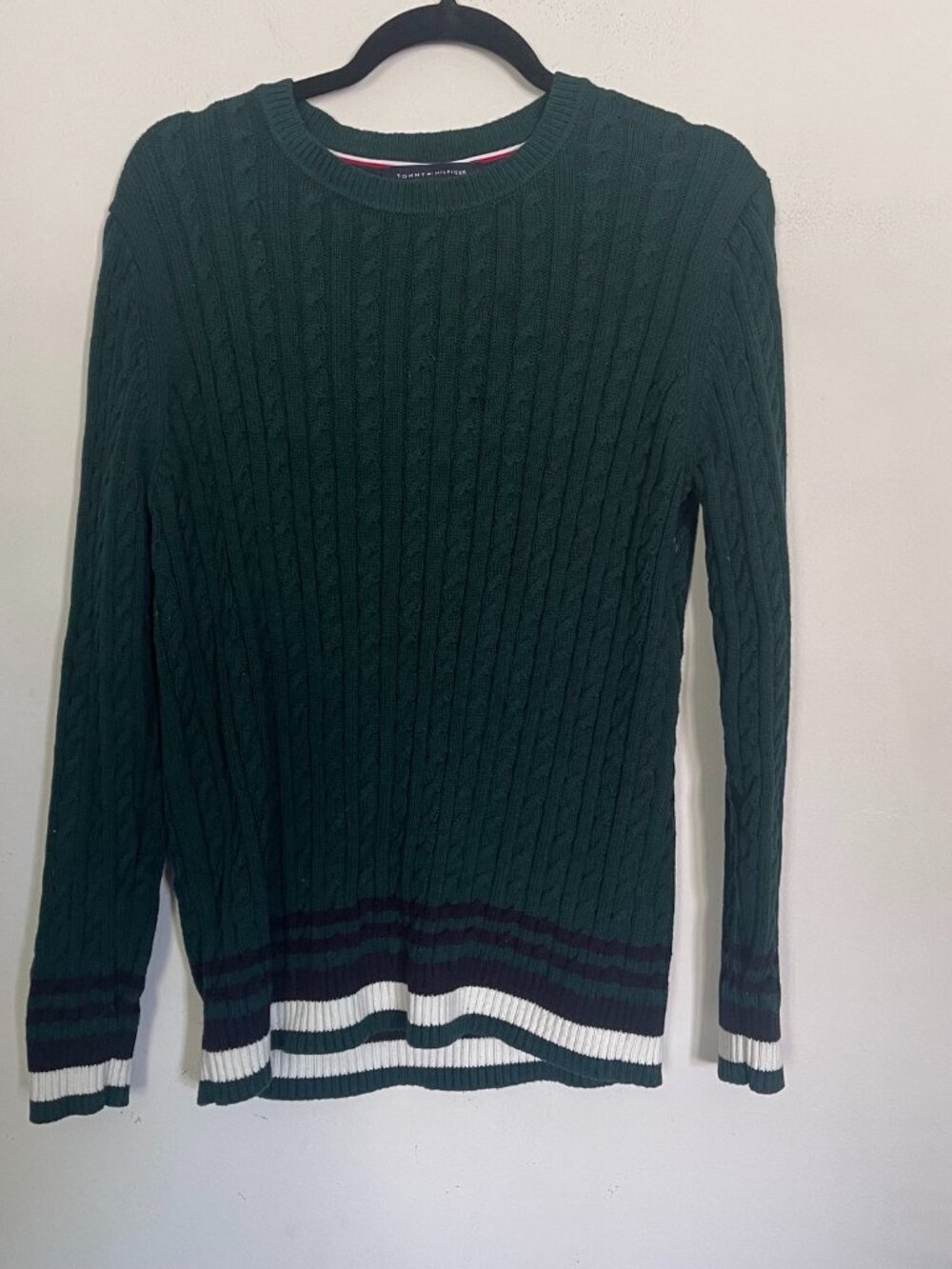 Tommy Hilfiger Women's XL Cable-Knit Pullover Sweater Green Navy Striped A1
